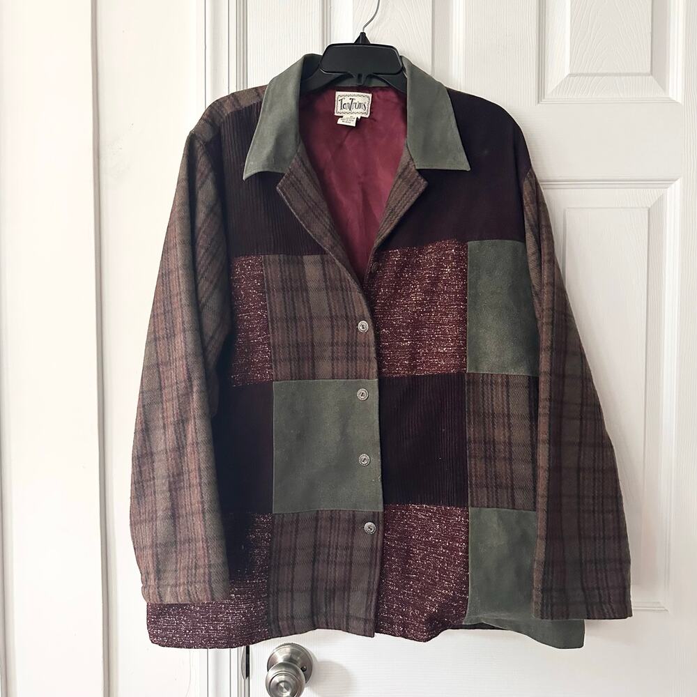 Tantrums Red Green Vintage Wool Patchwork Tweed Faux Suede Button Jacket XL